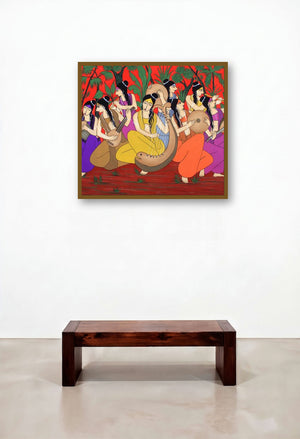 Musical Evening (Symphony of Sisterhood) by artist Chetan Katigar displayed in a Traditional Bedroom