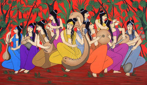 Musical Evening (Symphony of Sisterhood) by Chetan Katigar, Original Acrylic Figurative Painting on Canvas, X-Large Horizontal Wall Art