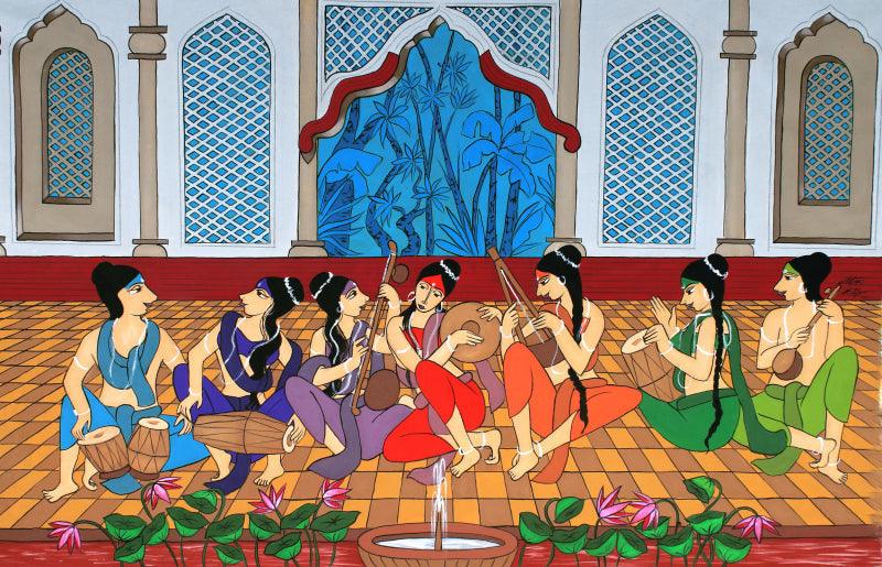 Figurative acrylic painting titled 'Musical Evening', 38x59 inches, by artist Chetan Katigar on Canvas