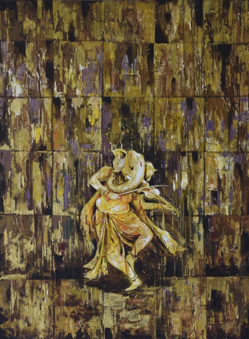 Religious acrylic oil painting titled 'Musical Ganesha', 36x48 inches, by artist Durshit Bhaskar on Canvas