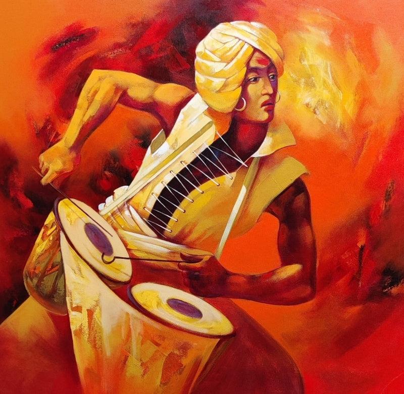 Figurative acrylic painting titled 'Musician 1', 33x33 inches, by artist Shankar Gojare on Canvas