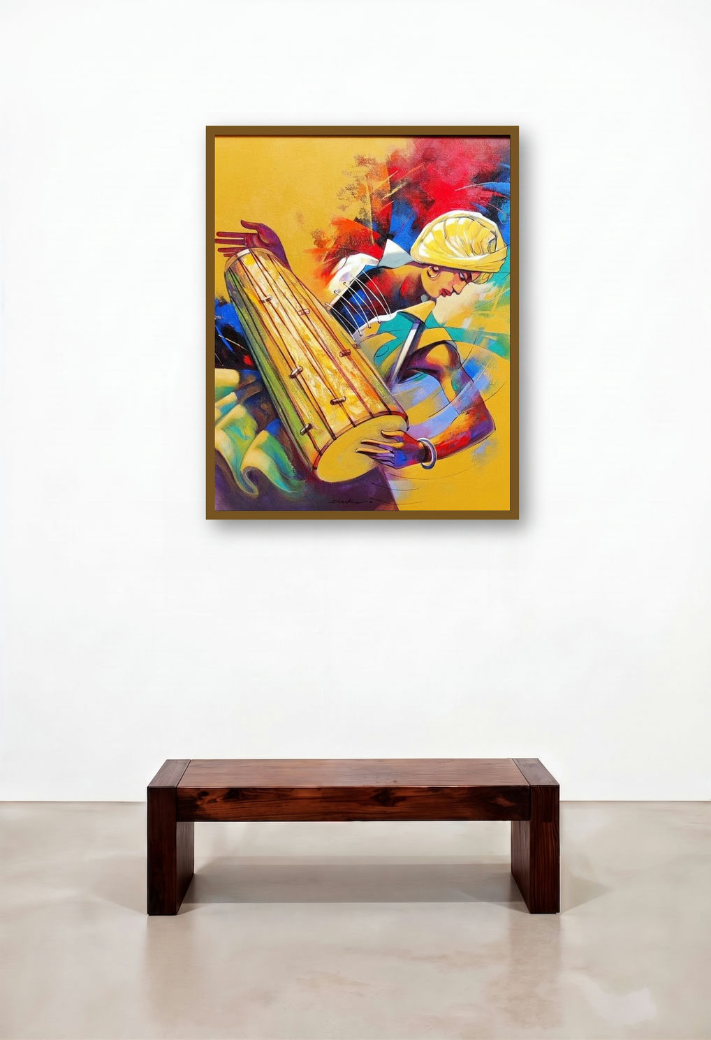 Musician 2 (The Dhol Player) by artist Shankar Gojare displayed in a Japandi Library