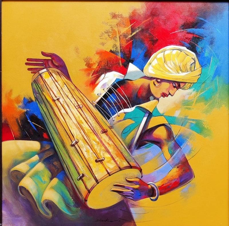 Figurative acrylic painting titled 'Musician 2', 33x33 inches, by artist Shankar Gojare on Canvas