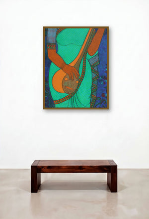 Musician (Melodic Contemplation: A Woman and Her Ektara) by artist Mamta Mondkar displayed in a Contemporary Reception Area