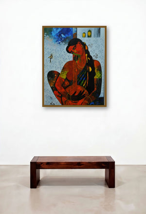 Musician (Strings of Harmony) by artist Appam Raghavendra displayed in a Japandi Hotel Lobby