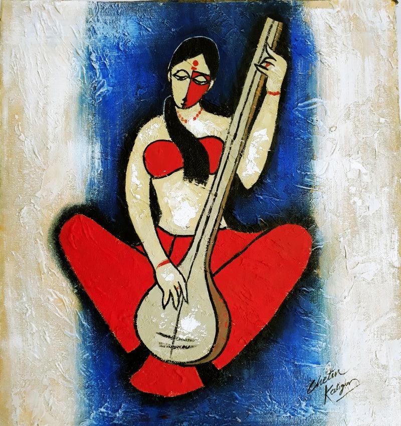 contemporary acrylic painting titled 'Musician', 15x15 inches, by artist Chetan Katigar on Canvas Board