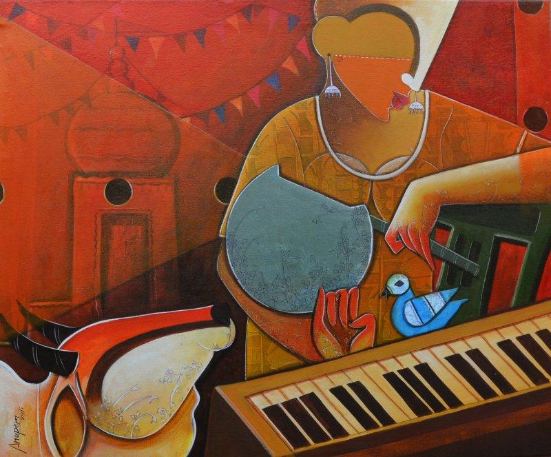 Figurative acrylic painting titled 'Musician', 30x36 inches, by artist Anupam Pal on Canvas