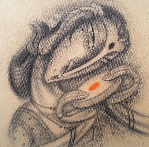 Figurative charcoal painting titled 'Musician I', 12x12 inches, by artist Ramesh Pachpande on Paper