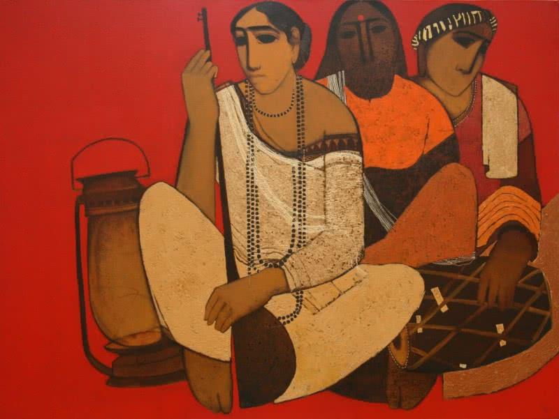 Figurative acrylic painting titled 'Musicians', 24x36 inches, by artist Siddharth Shingade on Canvas