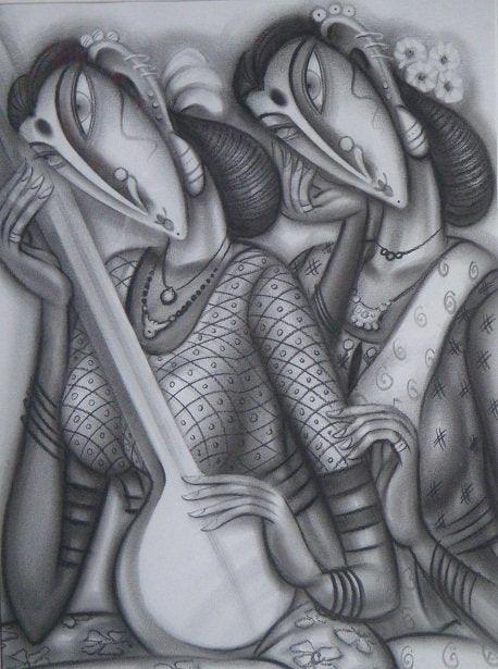 Figurative charcoal painting titled 'Musicians', 27x18 inches, by artist Ramesh Pachpande on Paper