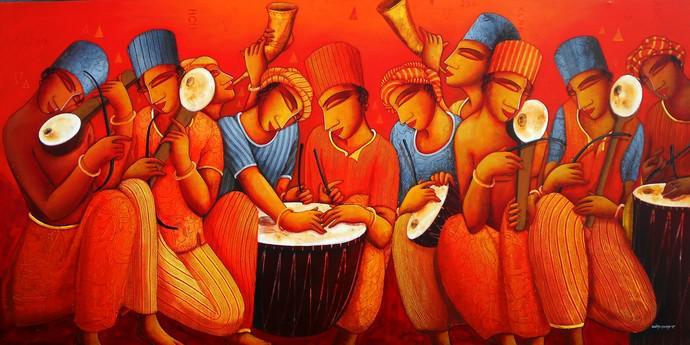 Figurative acrylic painting titled 'Musicians', 36x72 inches, by artist Samir Sarkar on Canvas