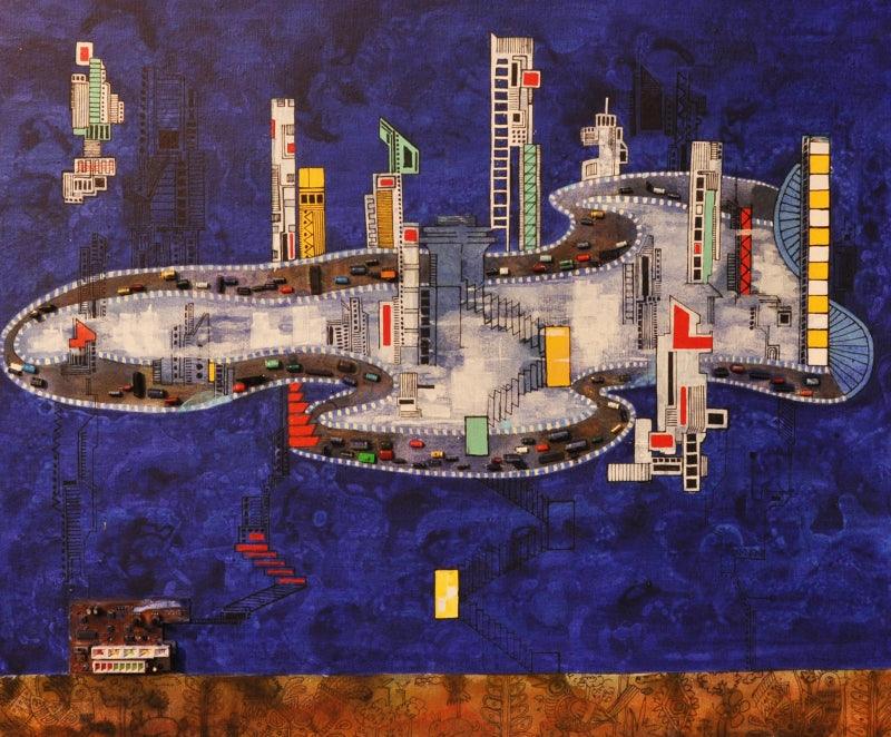contemporary mixed media painting titled 'My City 2', 29x35 inches, by artist Rajnarayan Santra on Canvas