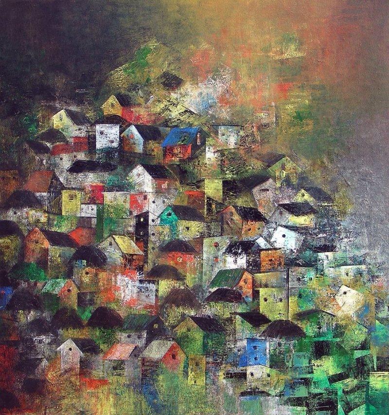 Abstract acrylic painting titled 'My City', 34x32 inches, by artist M Singh on Canvas