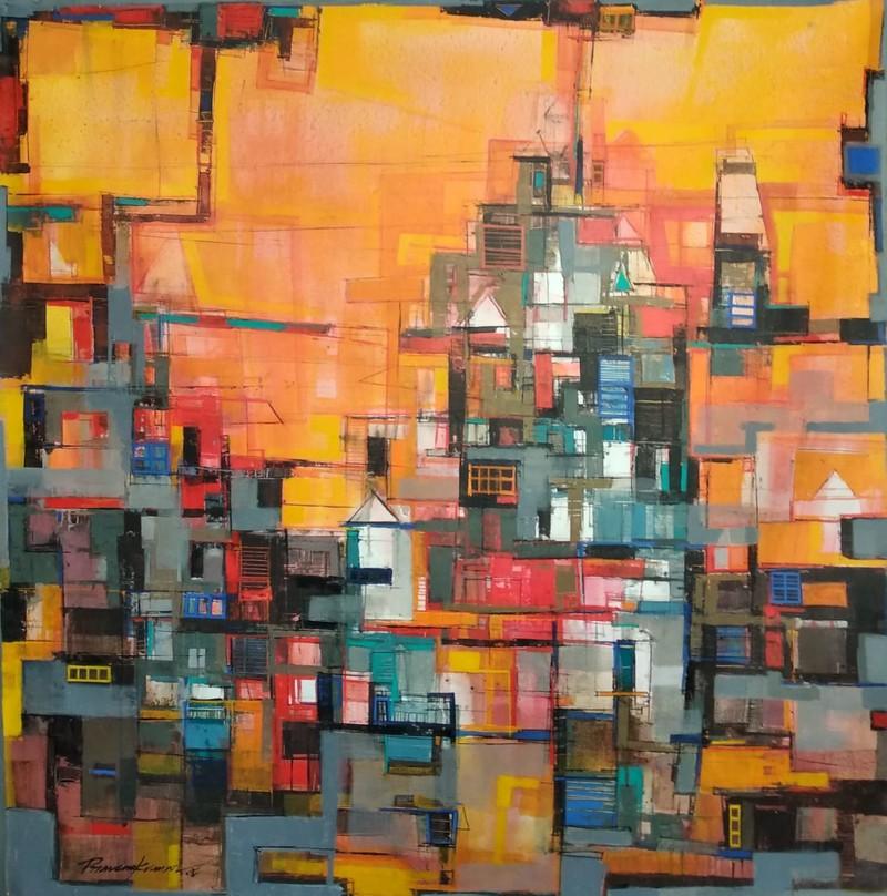 Cityscape acrylic painting titled 'My City', 36x36 inches, by artist Praveen Kumar on Canvas