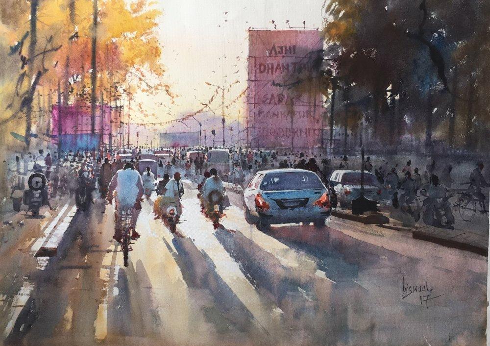 Cityscape watercolor painting titled 'My City', 22x29 inches, by artist Bijay Biswaal on Paper