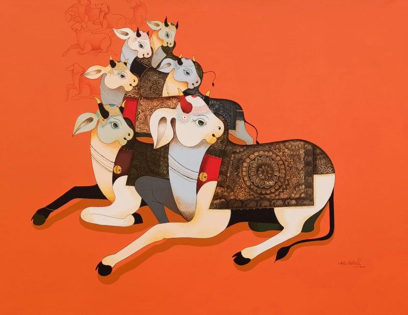 Animals acrylic painting titled 'My Family', 36x48 inches, by artist AG Nellagi on Canvas