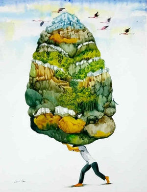 My Piece Of Land (A Herculean Task**) by Sunil Lohar, Original Watercolor Figurative Painting on Paper, Small Vertical Wall Art