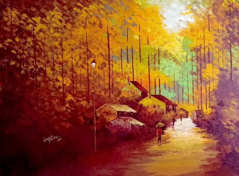 Landscape acrylic painting titled 'My Village 2', 36x48 inches, by artist Ganesh Panda on Canvas