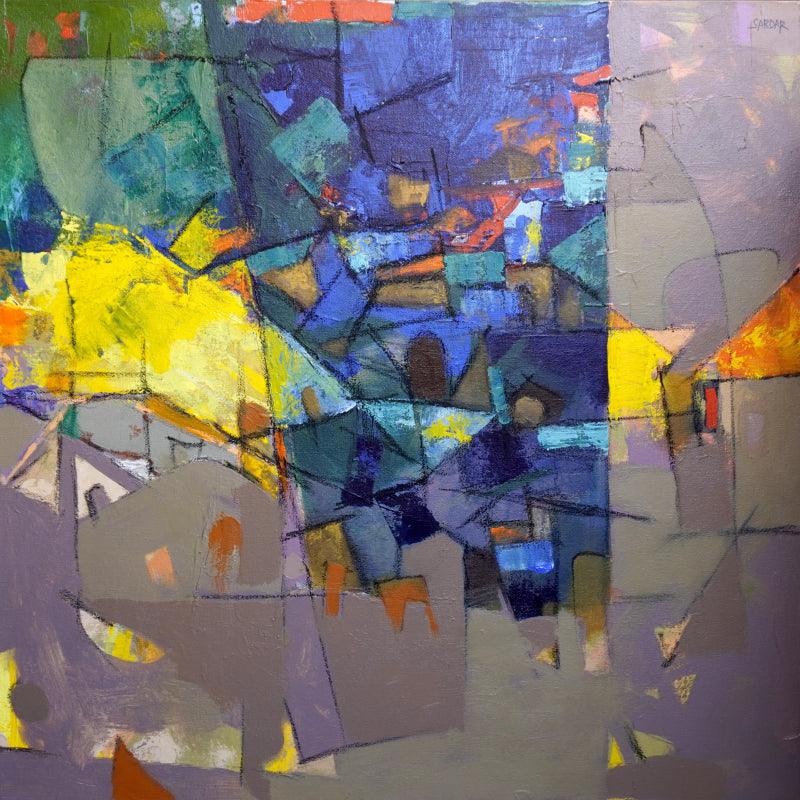 Abstract acrylic painting titled 'My Village 2', 30x30 inches, by artist Sardar Jadhav on Canvas
