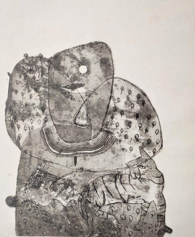 contemporary printmaking titled 'My Village 2', 12x10 inches, by artist Kumar Misal on Paper