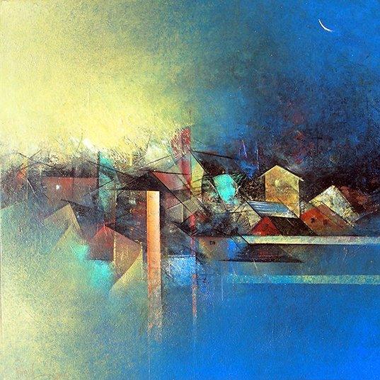 Abstract acrylic painting titled 'My Village', 24x24 inches, by artist M Singh on Canvas
