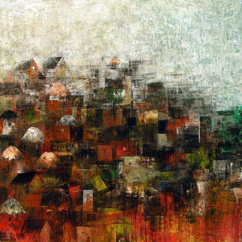 Abstract acrylic painting titled 'My Village', 24x24 inches, by artist M Singh on Canvas