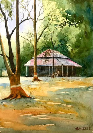 Landscape watercolor painting titled 'My Village', 20x14 inches, by artist Abhijeet Bahadure on Paper