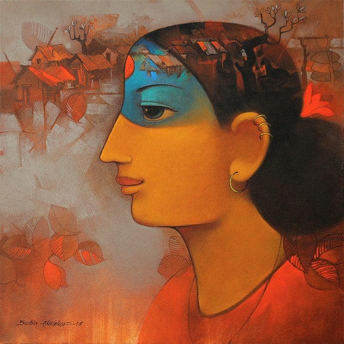 Figurative acrylic painting titled 'My Village', 24x24 inches, by artist Sachin Akalekar on Canvas