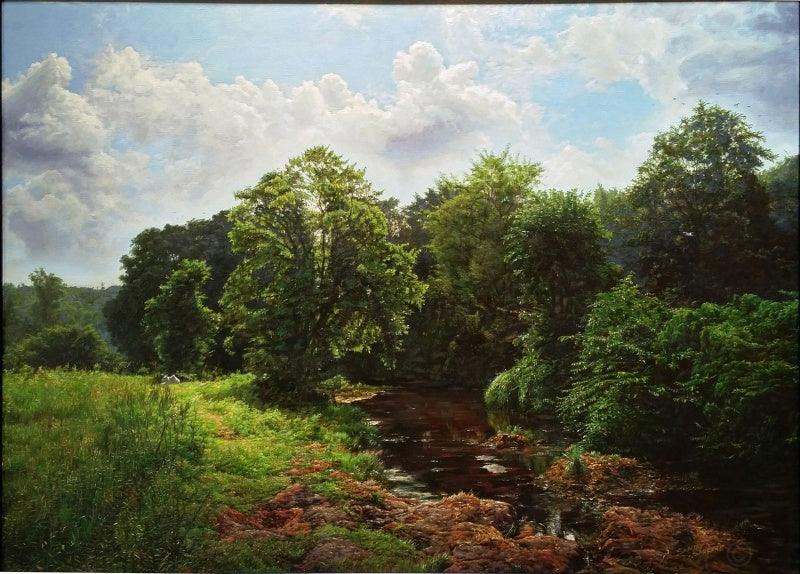 Realistic oil painting titled 'My Village Stream', 30x22 inches, by artist Sanjay Sarfare on Canvas