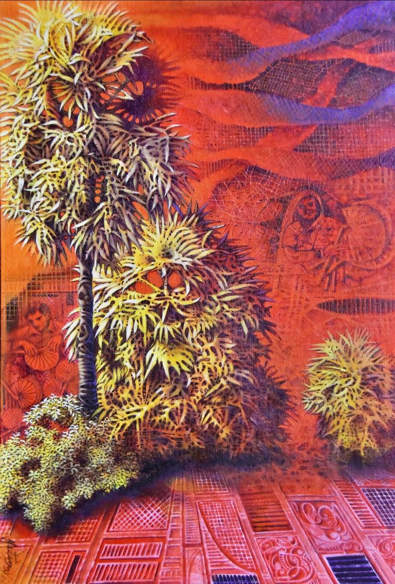 Nature acrylic painting titled 'Mysterious Scape', 24x16 inches, by artist Goutam Das on Canvas Board