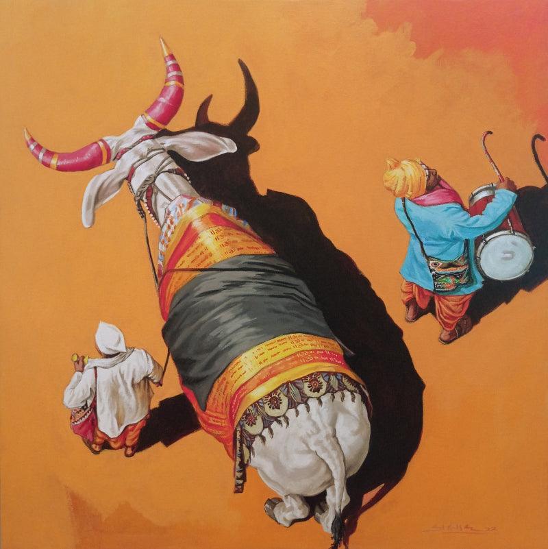 Religious acrylic painting titled 'Nandi 1', 21x21 inches, by artist Prasad Kulkarni on Canvas