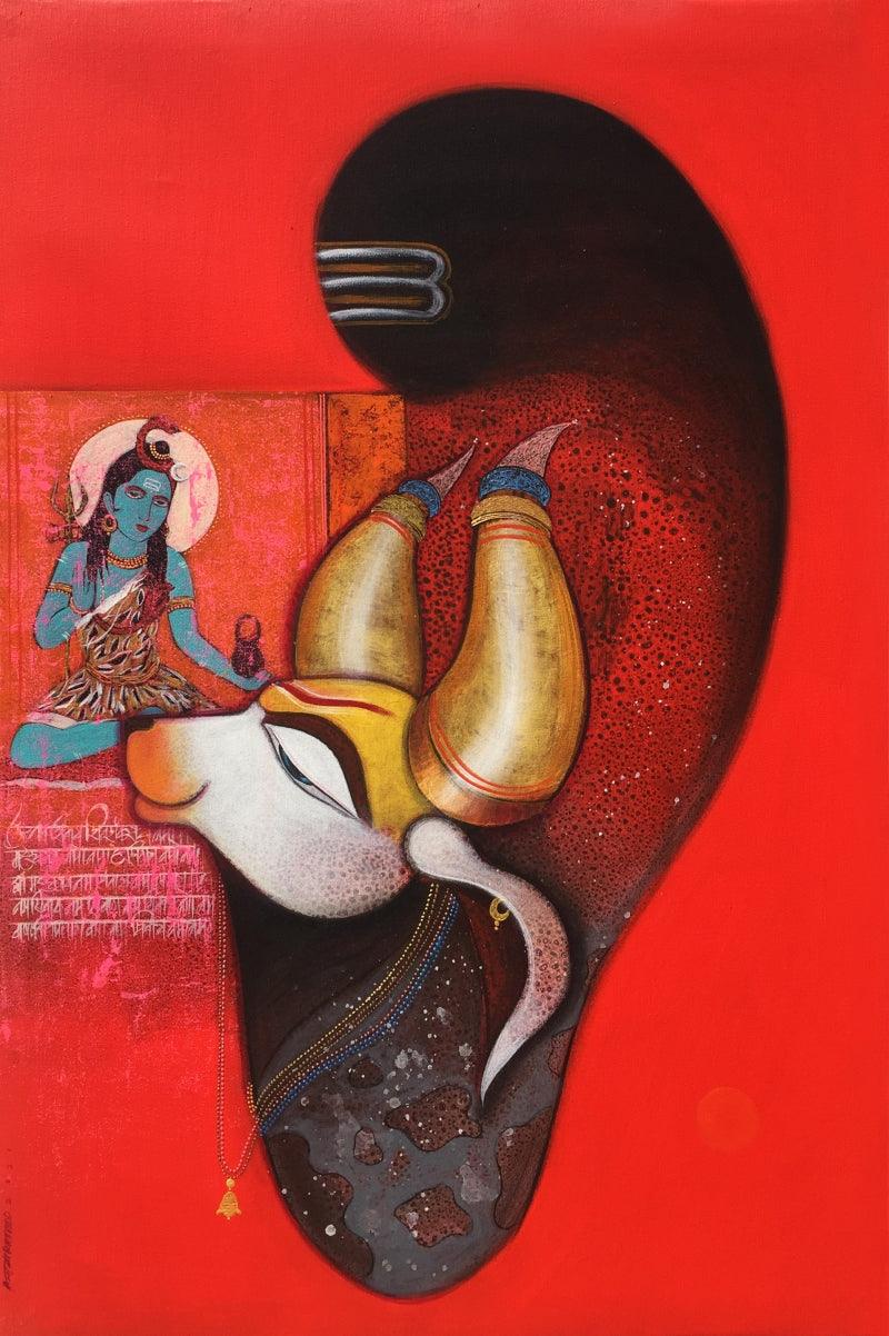Religious acrylic painting titled 'Nandi 2', 36x24 inches, by artist Ashok Rathod on Canvas