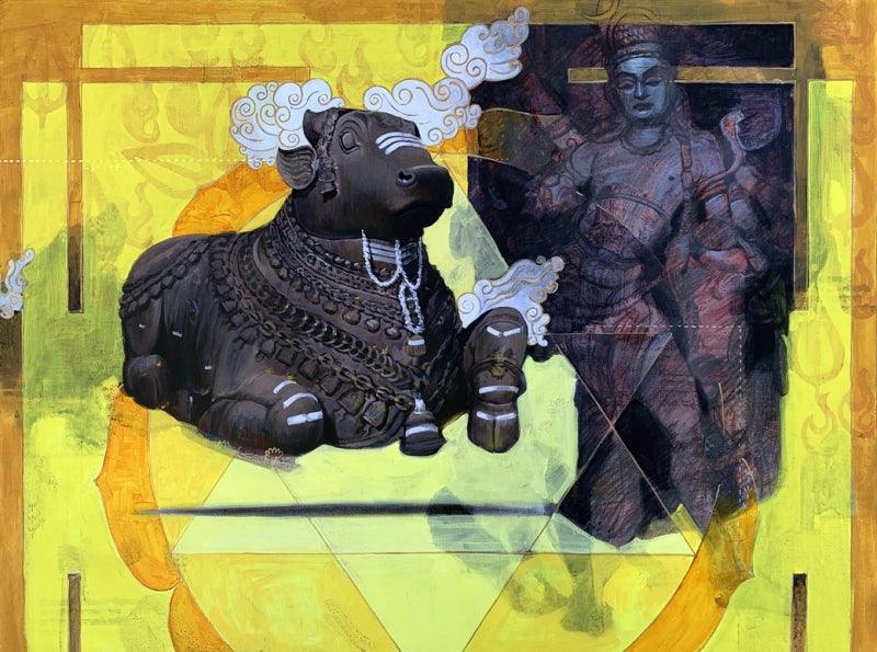 Religious acrylic charcoal painting titled 'Nandi 2', 30x40 inches, by artist Ramchandra Kharatmal on Canvas