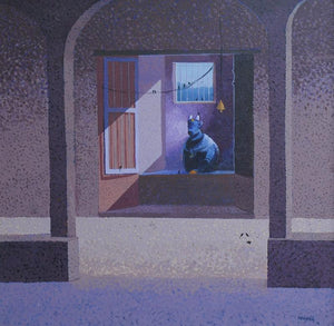 Nandi 2 (Nandi in the Window) by Mansing Jadhav, Original Acrylic Religious Painting on Canvas, Small Square Wall Art