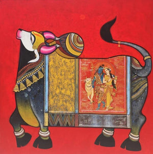 Religious acrylic painting titled 'Nandi 2', 48x48 inches, by artist Ashok Rathod on Canvas