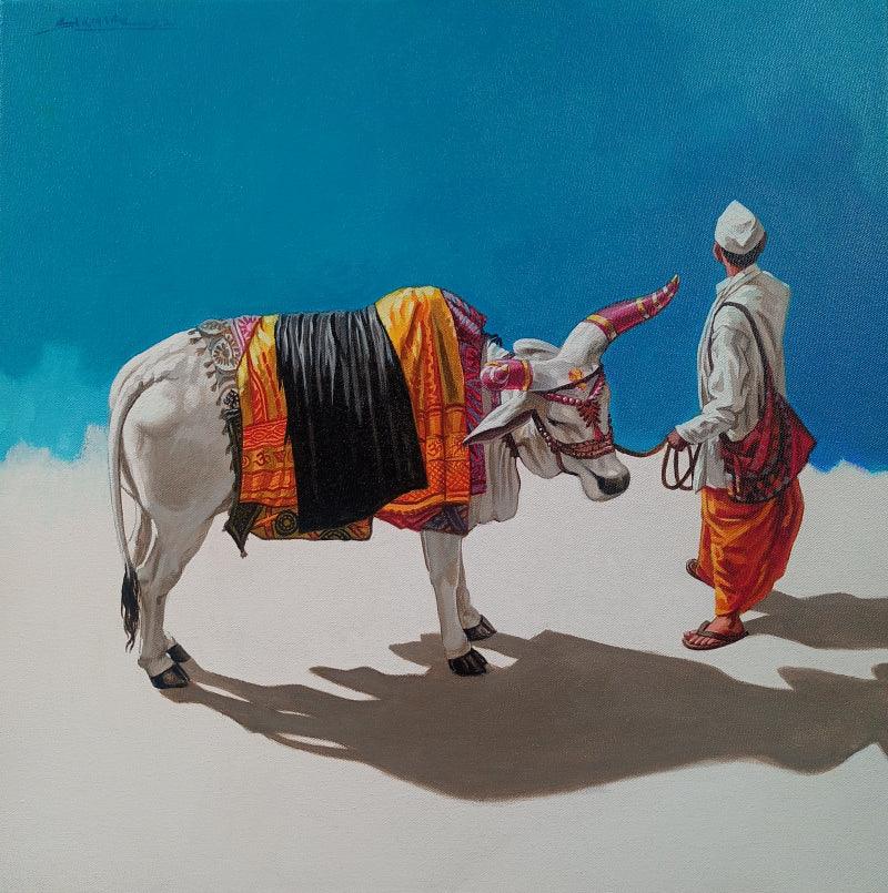 Religious acrylic painting titled 'Nandi 2', 21x21 inches, by artist Prasad Kulkarni on Canvas