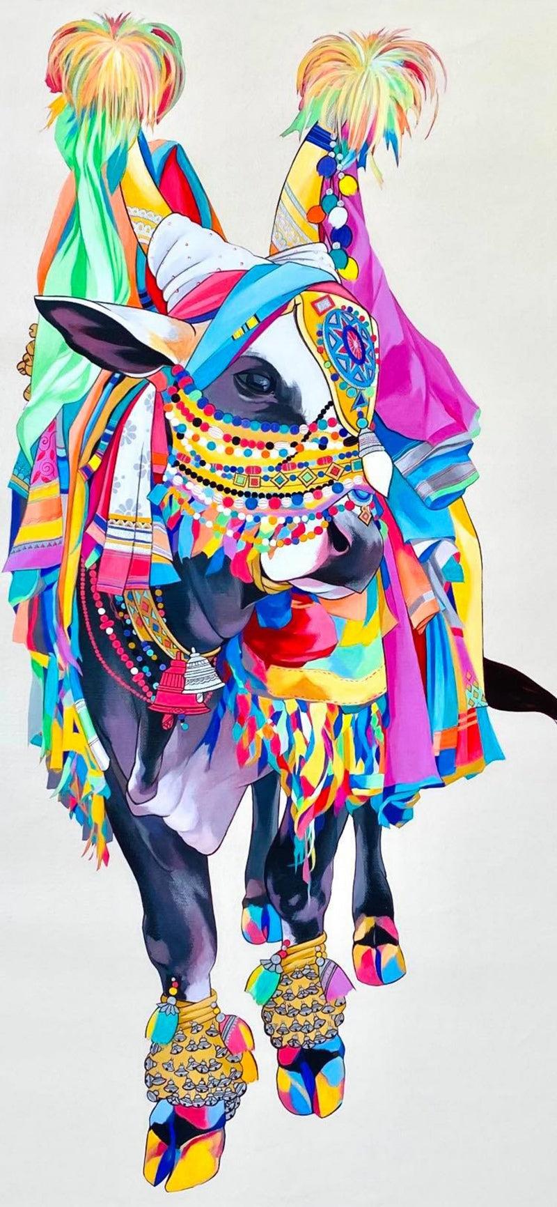 Religious acrylic painting titled 'Nandi 2', 36x24 inches, by artist Mohammed Osman on Canvas