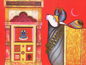 Religious acrylic painting titled 'Nandi 3', 36x48 inches, by artist Ashok Rathod on Canvas