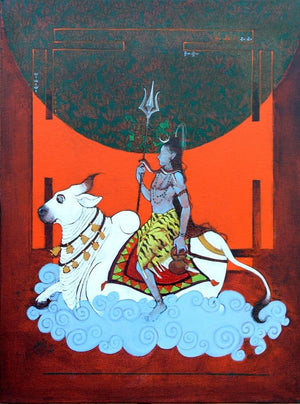 Religious acrylic charcoal painting titled 'Nandi 3', 24x18 inches, by artist Ramchandra Kharatmal on Canvas