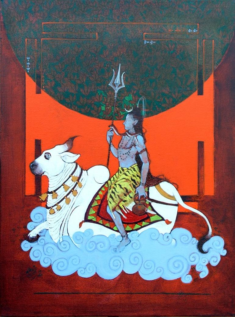 Religious acrylic charcoal painting titled 'Nandi 3', 24x18 inches, by artist Ramchandra Kharatmal on Canvas