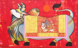 Religious acrylic painting titled 'Nandi 4', 36x60 inches, by artist Ashok Rathod on Canvas