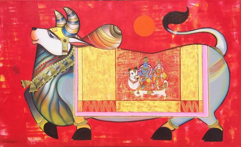 Religious acrylic painting titled 'Nandi 4', 36x60 inches, by artist Ashok Rathod on Canvas