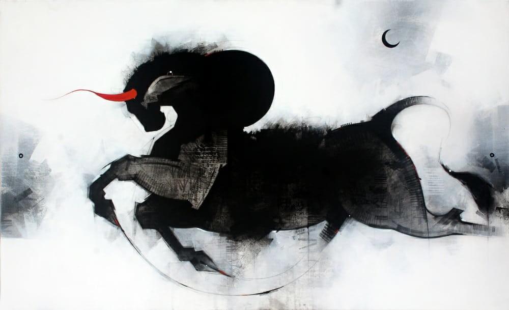 Religious acrylic painting titled 'Nandi', 36x60 inches, by artist Amol Pawar on Canvas