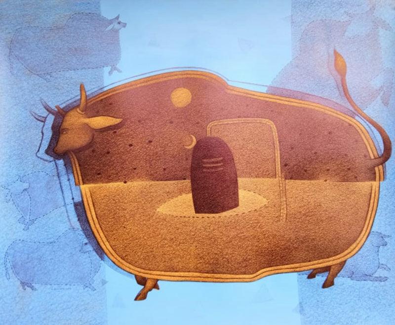 Animals mixed media painting titled 'Nandi', 30x35 inches, by artist Mohammed Suleman on Canson Paper