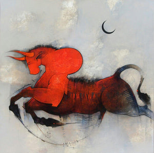Animals mixed media painting titled 'Nandi', 36x36 inches, by artist Amol Pawar on canvas
