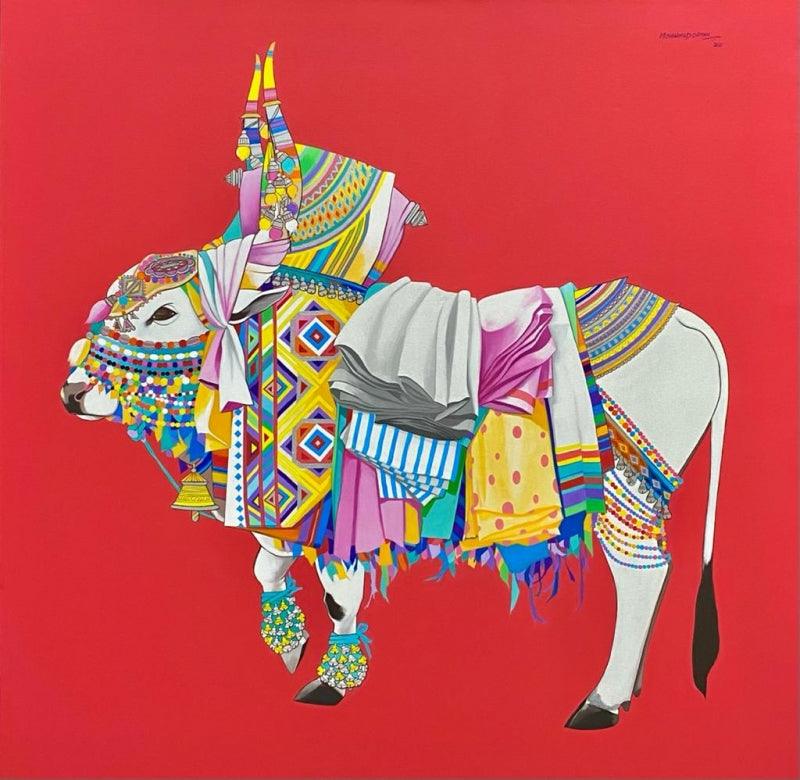 Religious acrylic painting titled 'Nandi', 36x36 inches, by artist Mohammed Osman on Canvas