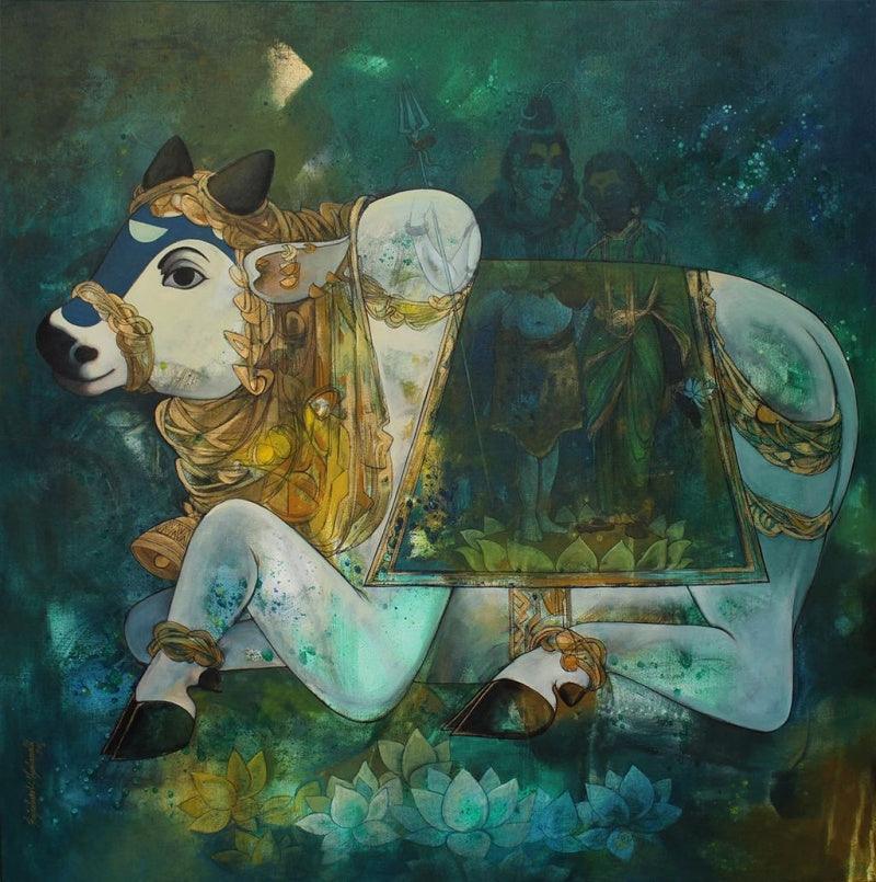 Religious acrylic painting titled 'Nandi', 36x36 inches, by artist N P Rajeshwarr on Canvas