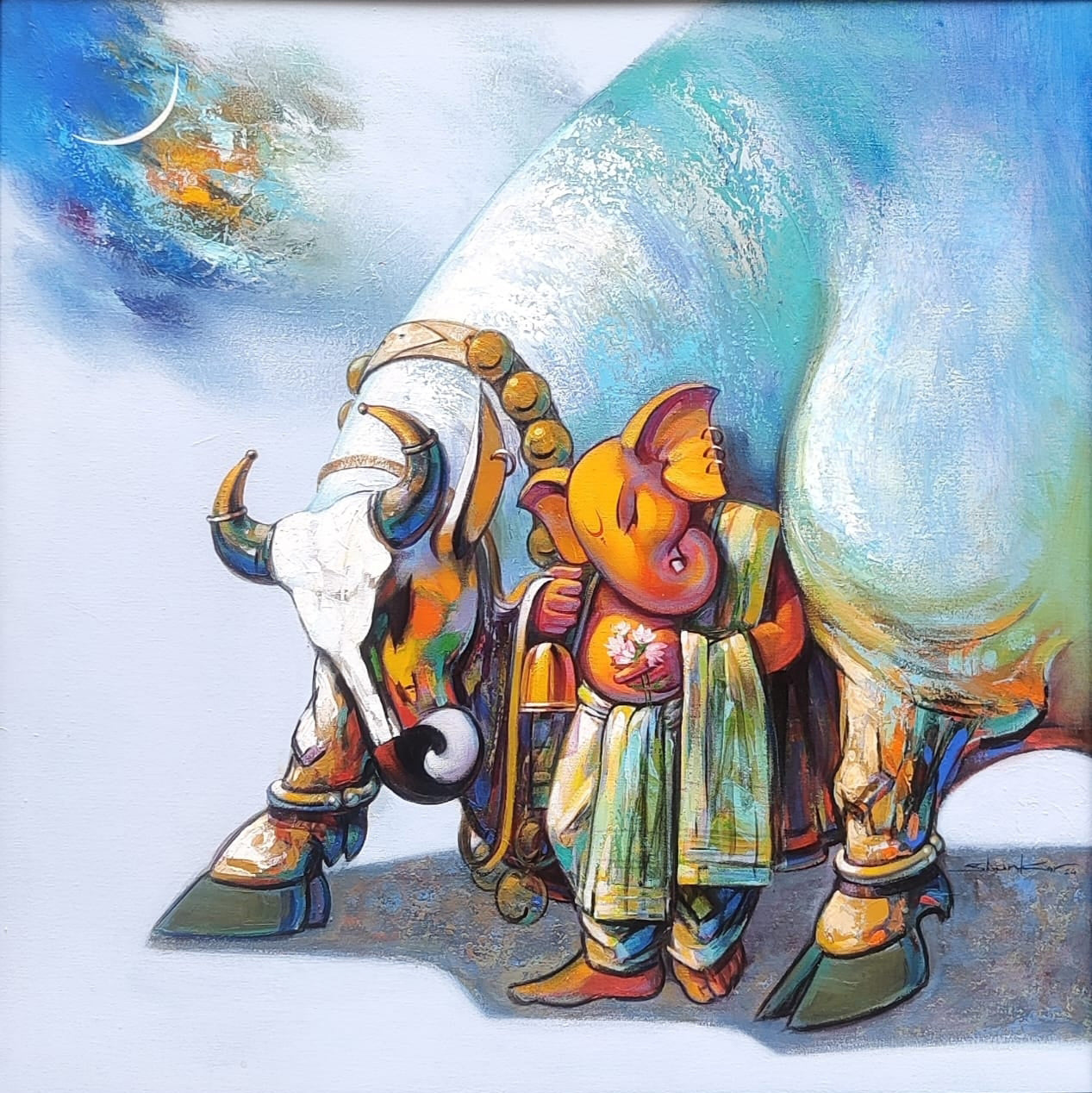 Nandi Ganesha (Ganesha and Nandi) by artist Shankar Gojare on Canvas
