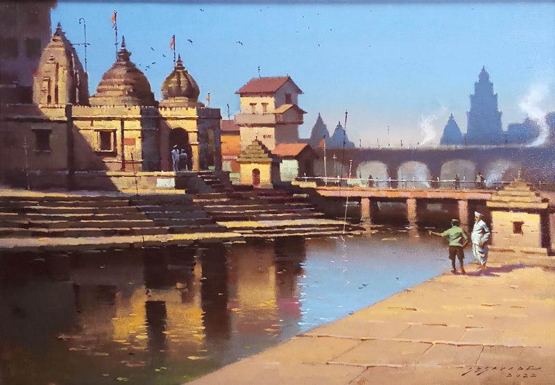 Religious acrylic painting titled 'Nashik Ghat', 18x26 inches, by artist Siddharth Gavade on Canvas