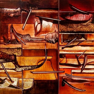 Abstract mixed media painting titled 'Nature 1', 18x18 inches, by artist Ramesh Kher on Paper